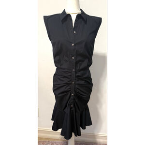 Veronica Beard Black Ruched Button-Front Midi Dress Size 4, cap sleeve